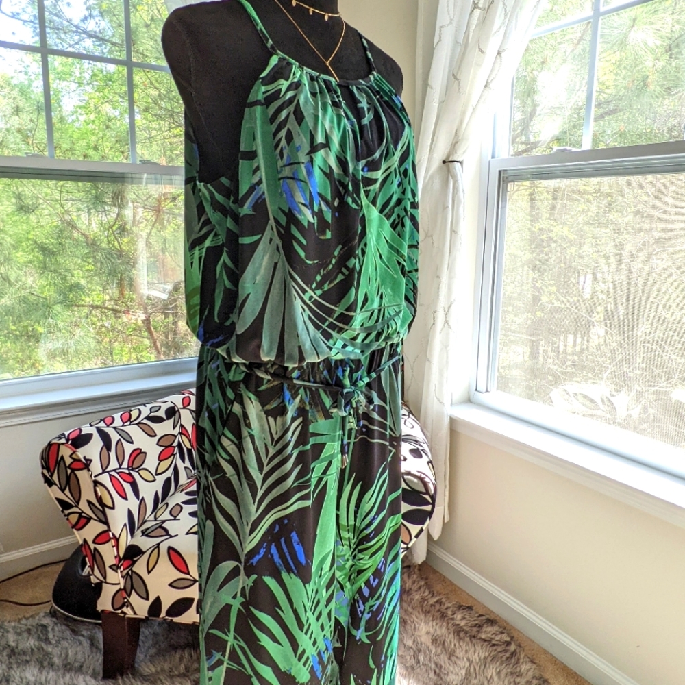 LONDON TIMES Green Palm Halter Romper Stretch Size 16